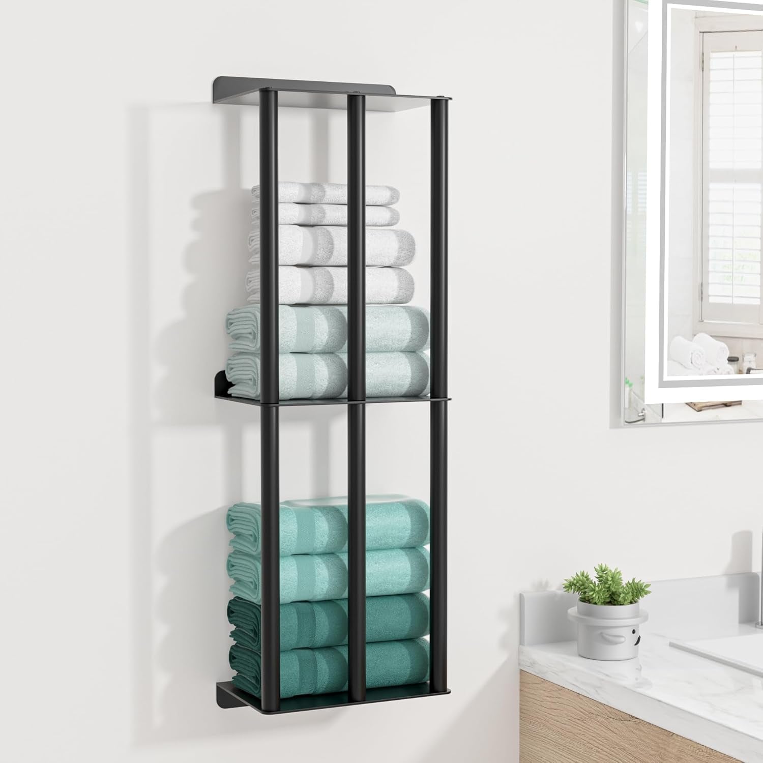 Towel Racks for Bathroom: 26 Inch Wall Mounted Towel Holder, Upgrade 2-Tier Towel Rack with 3-Vertical-Bars and 3-Steel-Shelves, for Modern Decor Bathroom Towel Storage (Matte Black)