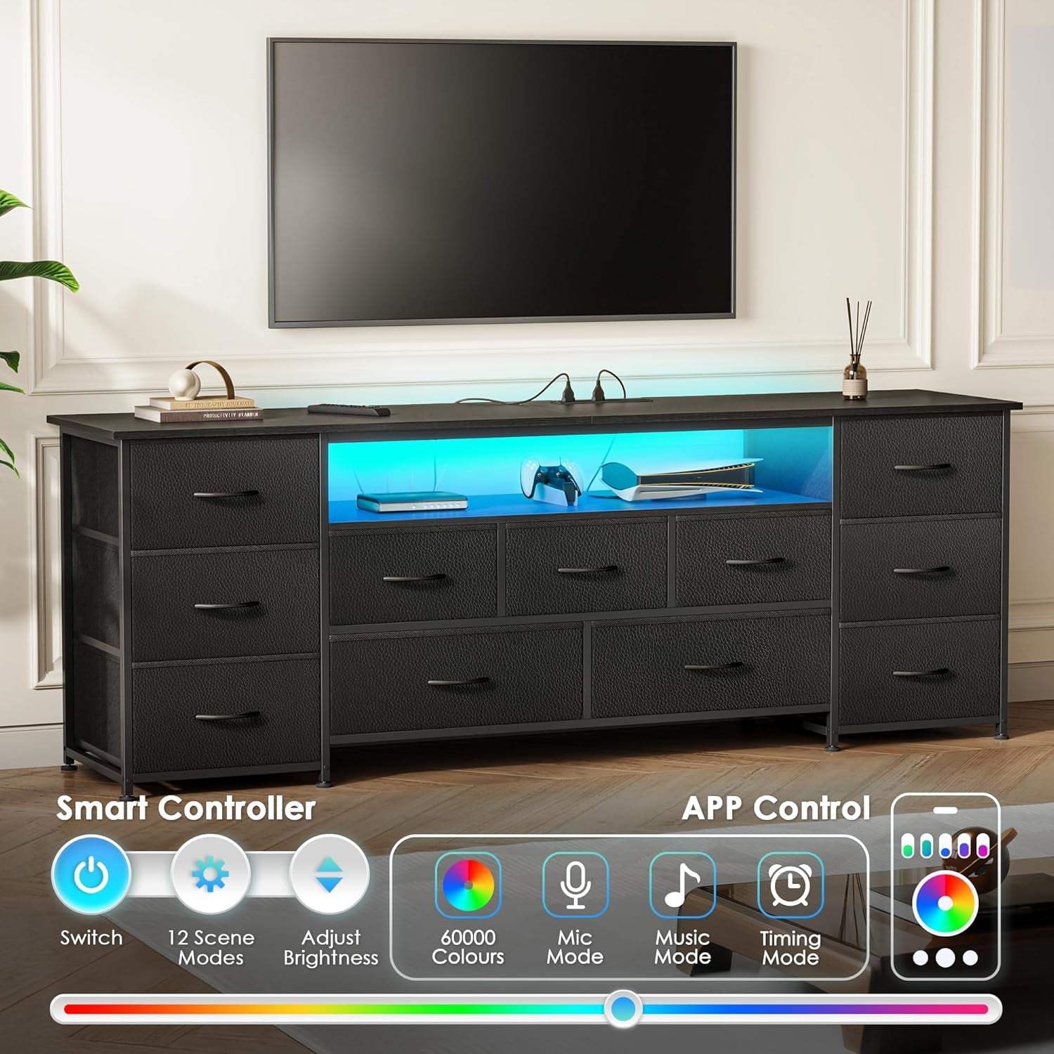 63-Inch TV Stand for 65-70 Inch TVs, 11-Drawer Long Dresser with Power Outlets and LED Lighting, Black Entertainment Center with Storage and PU Leather Surface