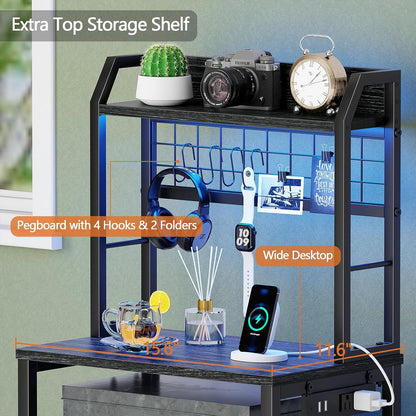 40'' Tall Nightstand with Charging Station, Bedside Table with LED Lights, End Table with 2 Drawers and Storage Shelves, Night Stand with Pegboard for Bedroom, Black Oak