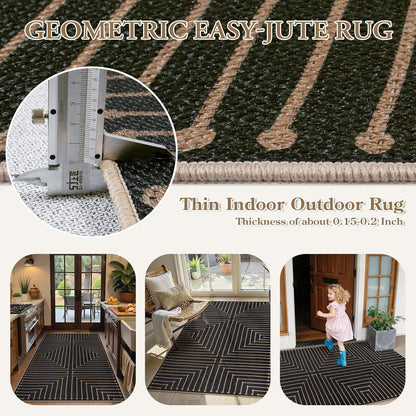 Neutral Geometric 3X5 Easy Jute Rug, Washable Rugs for Bedroom Entryway Outdoor Patio Porch Carpet, Farmhouse Rhombus Non Slip Non Shedding Black Carpet for Kitchen Entrance Balcony