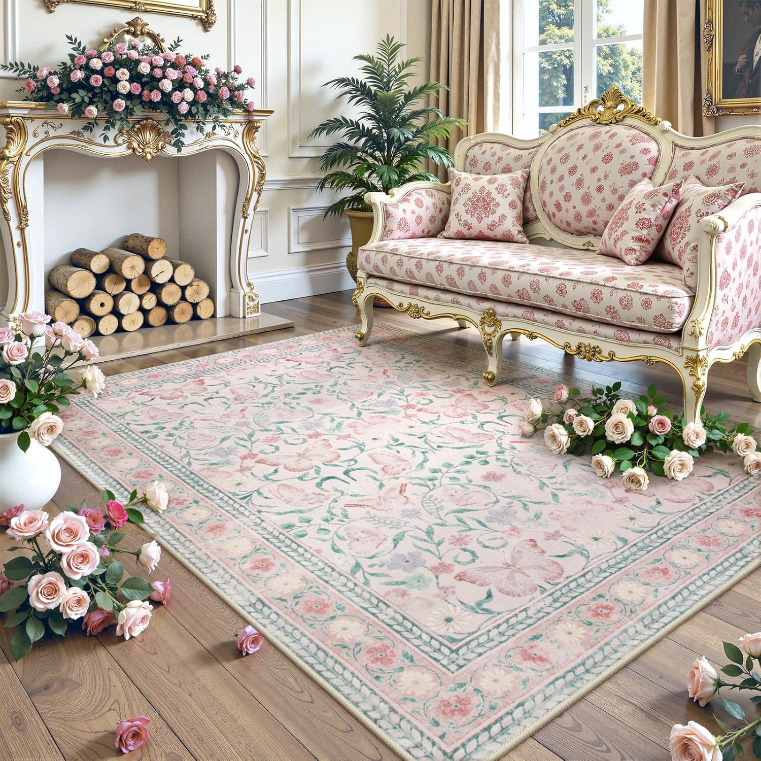 8X10 Butterfly Pink Area Rug for Living Room, Soft Boho Kids Rugs for Bedroom Classroom Rubber Backed, Thin Stain Resistant Floral Large Carpet Non Shedding for Playroom