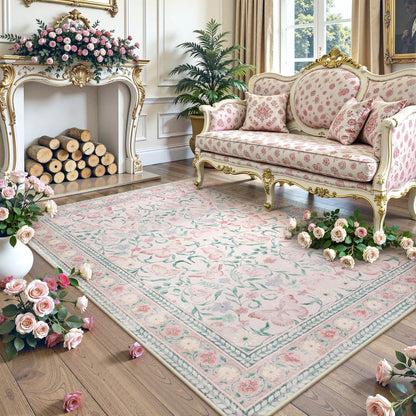 8X10 Butterfly Pink Area Rug for Living Room, Soft Boho Kids Rugs for Bedroom Classroom Rubber Backed, Thin Stain Resistant Floral Large Carpet Non Shedding for Playroom