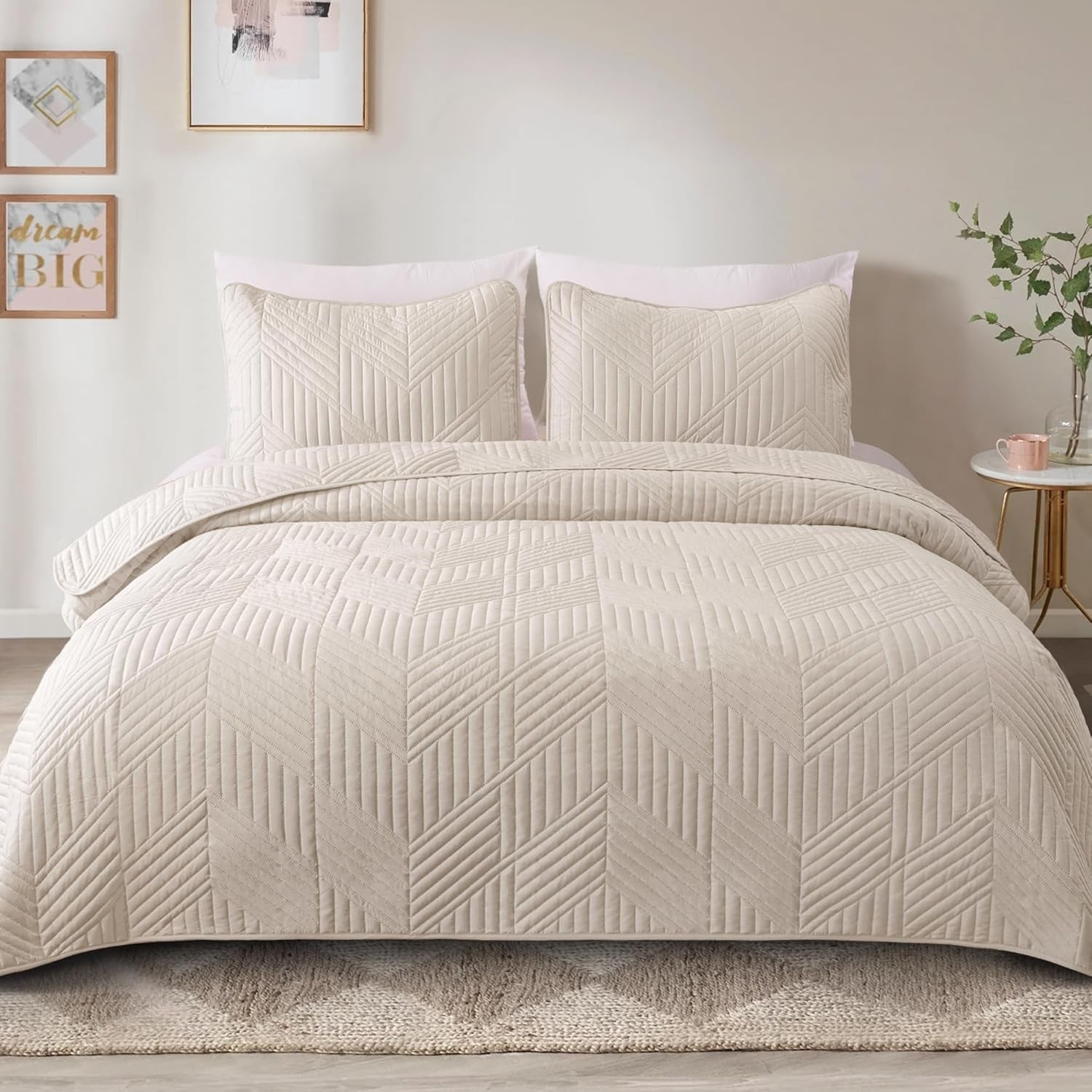 Ultrasonic Full Queen Quilt Bedding Set - Lightweight Birch Beige Bedspreads with Soft Modern Geometric Design for All Seasons (Includes 1 Quilt and 2 Pillow Shams)