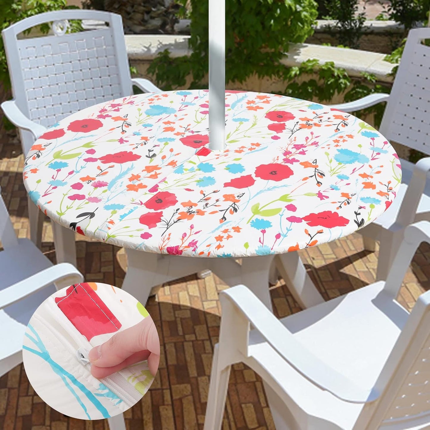 round Tablecloth, Fitted Table Cover with Umbrella Hole, 100% Waterproof, Elastic Edge, Flannel Backing, Plastic Table Cloth Fit 45"-56" round Tables for Patio, Picnic, Outdoor, Flowers
