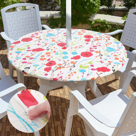 round Tablecloth, Fitted Table Cover with Umbrella Hole, 100% Waterproof, Elastic Edge, Flannel Backing, Plastic Table Cloth Fit 45"-56" round Tables for Patio, Picnic, Outdoor, Flowers