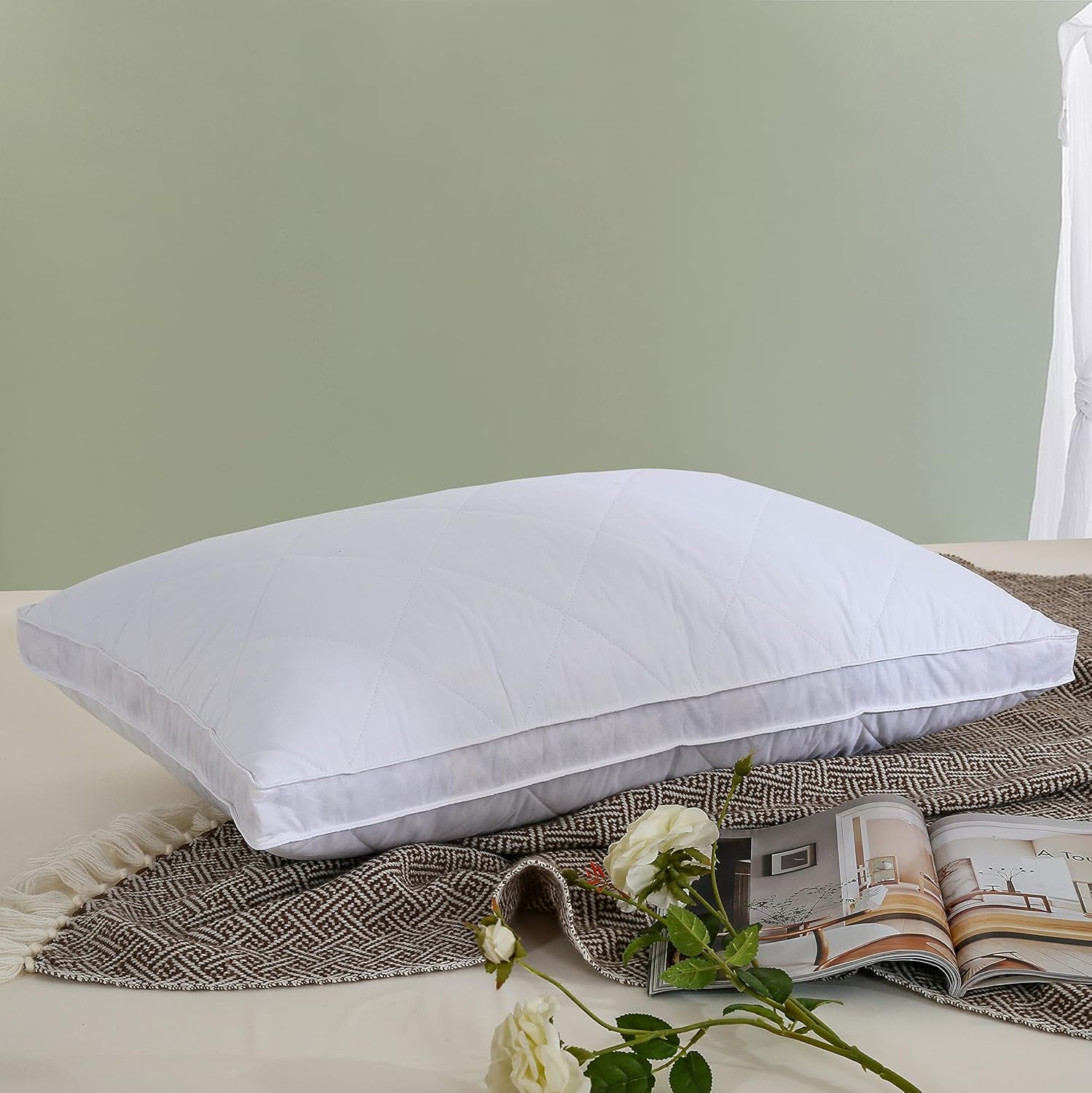 Queen/Standard Size White Goose Feather Bed Pillow - Soft 600 Thread Count 100% Cotton Cover, Medium Firm with Polyester Surround Fill