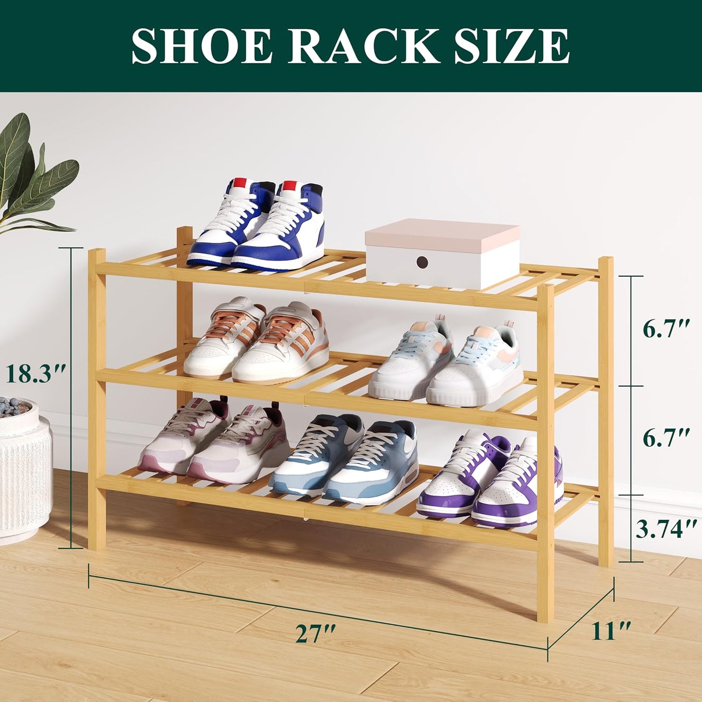 Bamboo 3-Tier Shoe Rack - Stackable Wooden Organizer for Entryway and Closet Storage, Natural Finish