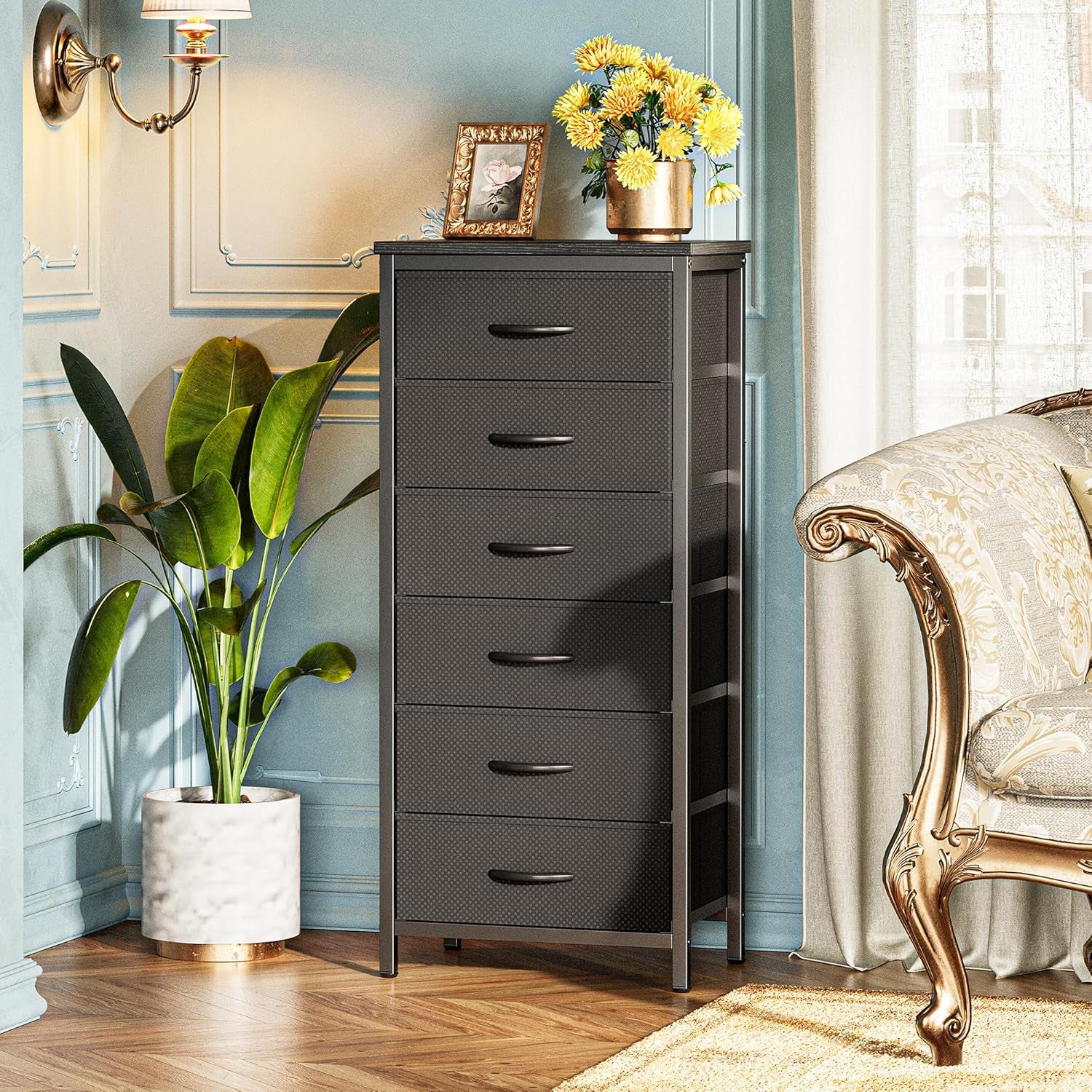 Tall Fabric Dresser with 6 Drawers and Metal Frame, Versatile Storage Solution for Bedroom, Closet, and Nightstand, Black