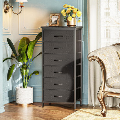 Tall Fabric Dresser with 6 Drawers and Metal Frame, Versatile Storage Solution for Bedroom, Closet, and Nightstand, Black