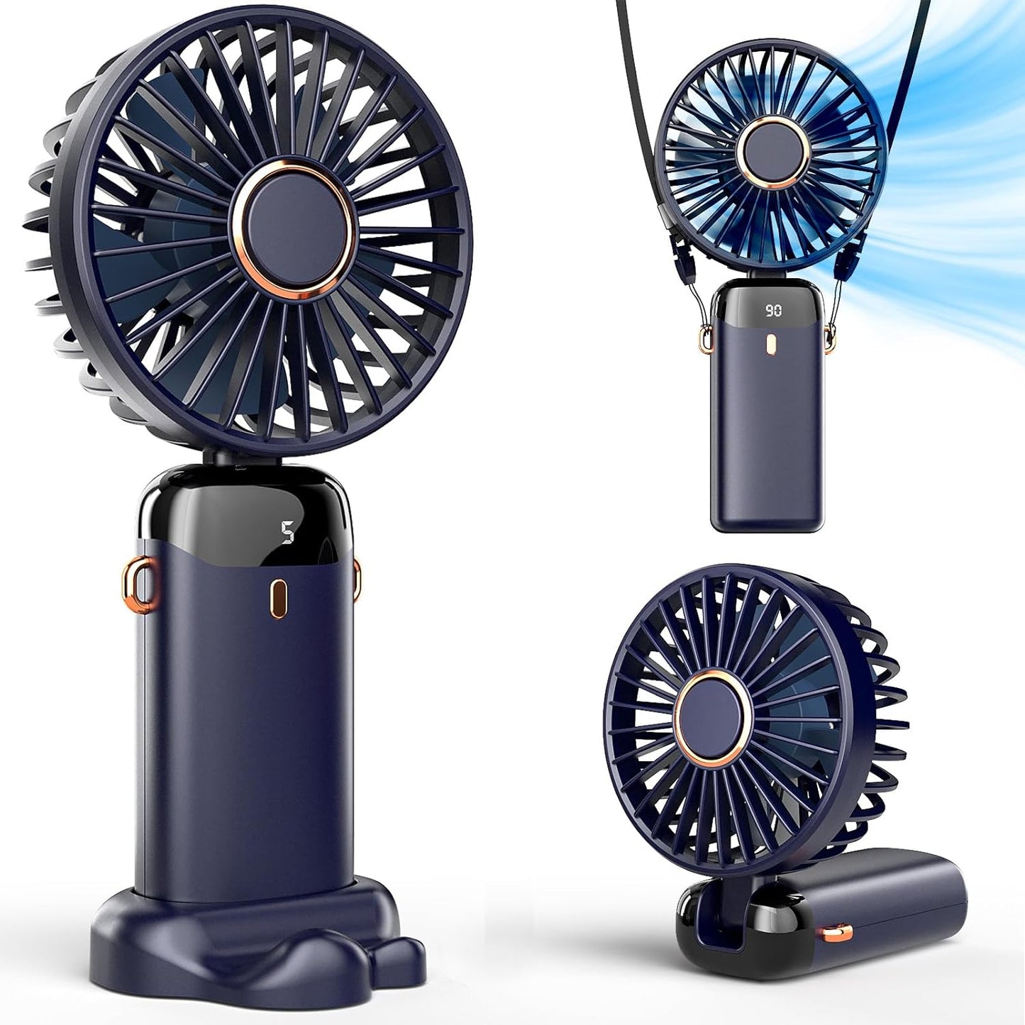 Portable Handheld Fan, Battery Operated Fan with Base, 8 Hours, Digital Display, 5 Speeds, 90° Ajustable, Rechargeable Mini Fan for Outdoor Indoor