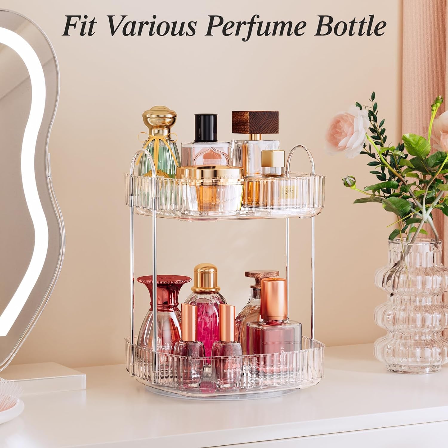Rotating Bathroom Countertop Organizer, Large Capacity 2-Tier Multi-Function Storage for Cosmetics, Skincare, and Perfume. Makeup Organizer Countertop Ideal for Dresser, Bathroom,Vanity, Clear
