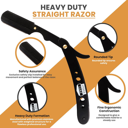 Professional Straight Razor for Men, Barber Straight Edge Razor Safety with 100 Pack Blades, Black