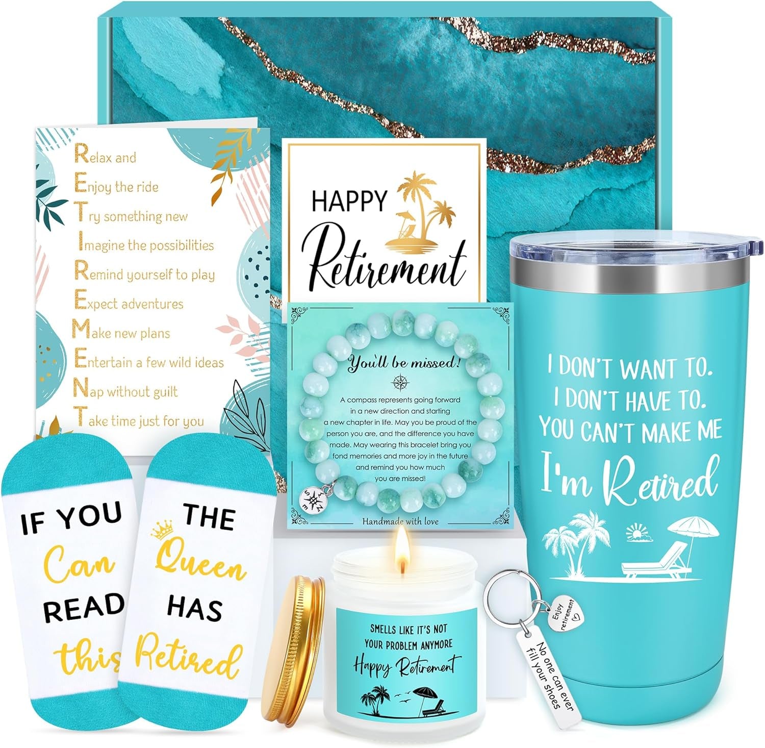 Elegant Retirement Gift Basket for Women 2025 - Thoughtful Retirement Gifts for Coworkers, Teachers, Nurses, Friends, Bosses, Moms, Grandmas, and Retirees, Featuring a 20oz Tumbler, Greeting Card, and "The Queen Has Retired" Socks