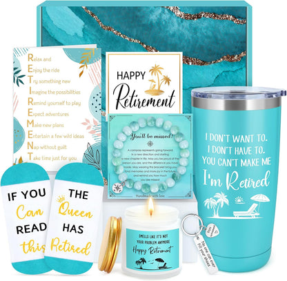 Elegant Retirement Gift Basket for Women 2025 - Thoughtful Retirement Gifts for Coworkers, Teachers, Nurses, Friends, Bosses, Moms, Grandmas, and Retirees, Featuring a 20oz Tumbler, Greeting Card, and "The Queen Has Retired" Socks