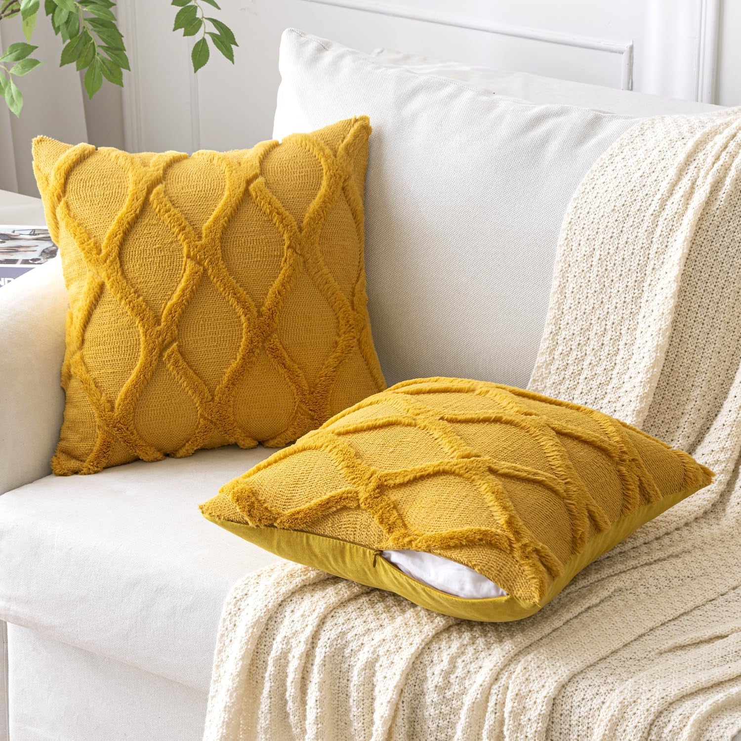Spring Decorative Throw Pillow Covers Mustard Yellow 18X18 Inch Set of 2, Soft Plush Faux Wool Couch Cushion Covers Farmhouse Throw Pillows for Couch Bed Sofa Living Room