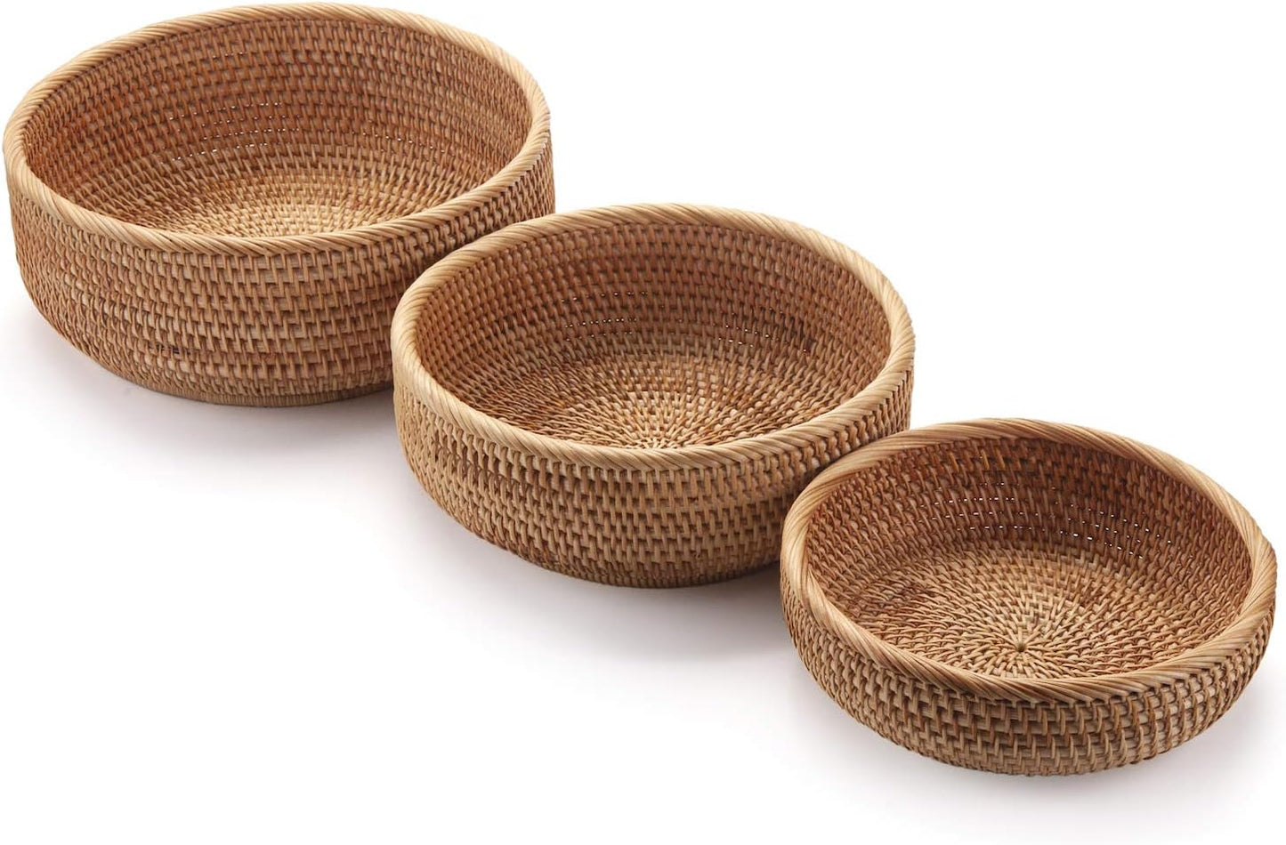 Round Rattan Fruit Baskets Woven Storage Bowls Key Holder Stackable for Shelf Kitchen Tabletop Natural Set of 3