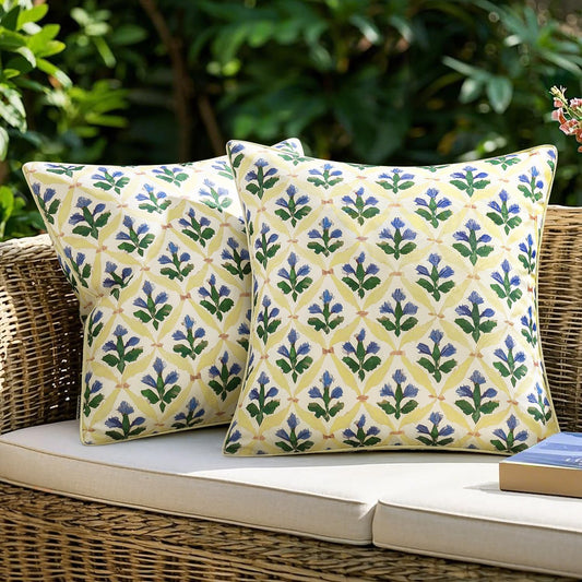 Floral Decorative Pillow Cover Set of 2, Block Print Throw Pillowcases for Outdoor Boho Farmhouse Vintage Summer Accent, 18x18 Inch Yellow-Blue