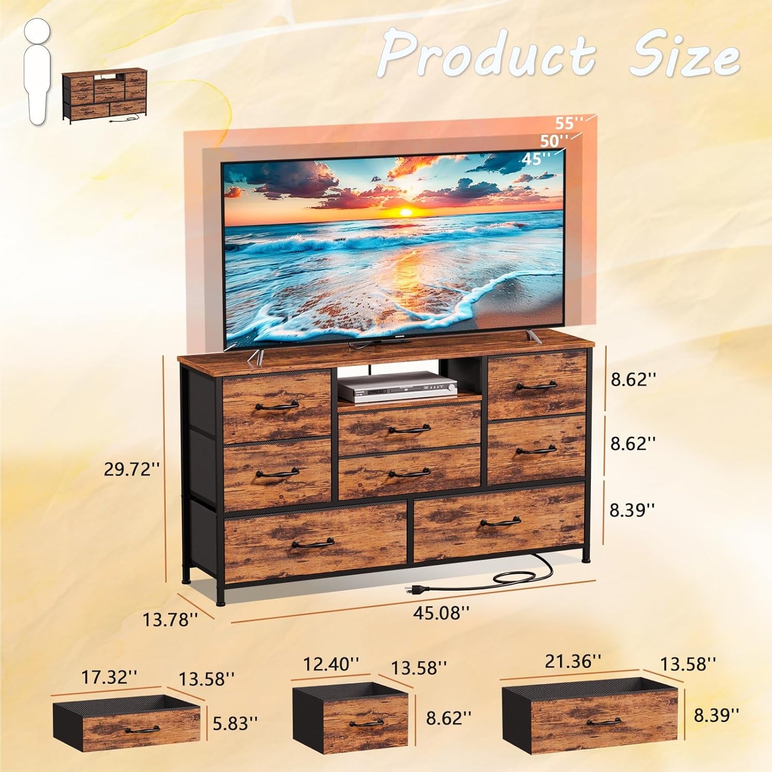 Rustic Brown Bedroom Dresser and TV Stand with 8 Drawers, Power Outlets, and Wood Desk Top - Versatile Storage Solution for Closet and Living Room