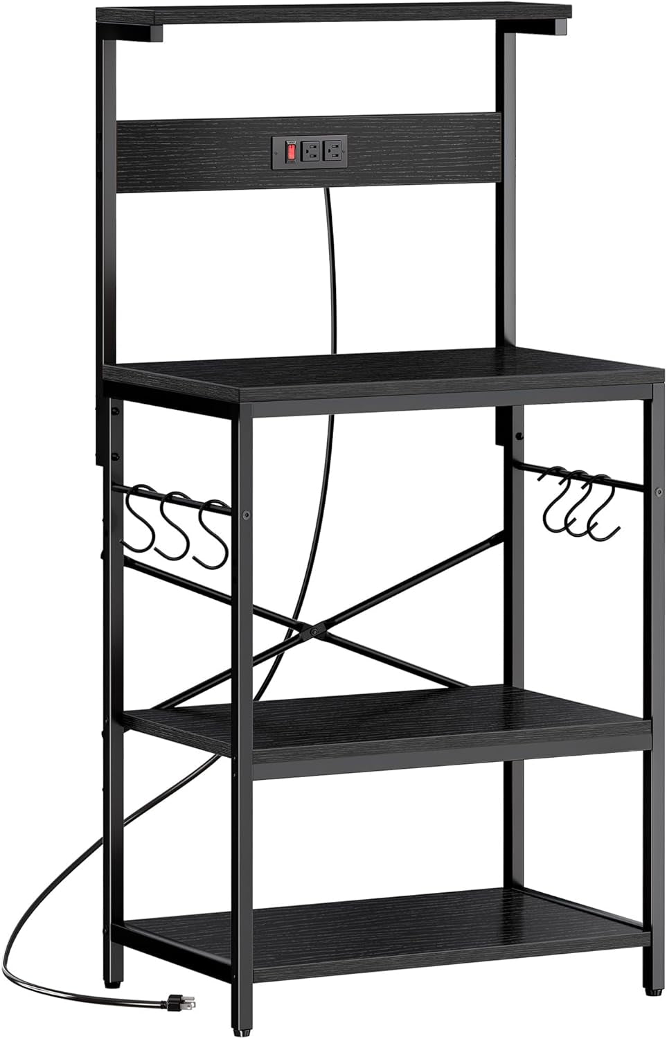 Professional Kitchen Bakers Rack with Power Outlet, Multi-Tier Coffee Bar Table, Microwave Stand with S-Shaped Hooks, and Storage Shelf for Spices, Pots, and Pans - Black