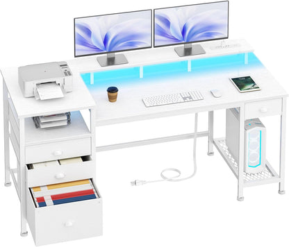 60" White Office Computer Desk with 4 Drawers,Gaming Desk with LED Lights and Power Outlets,Long Desk with Fabric File Cabinet,Study Writing Work Table with Shelf for Bedroom Home Office
