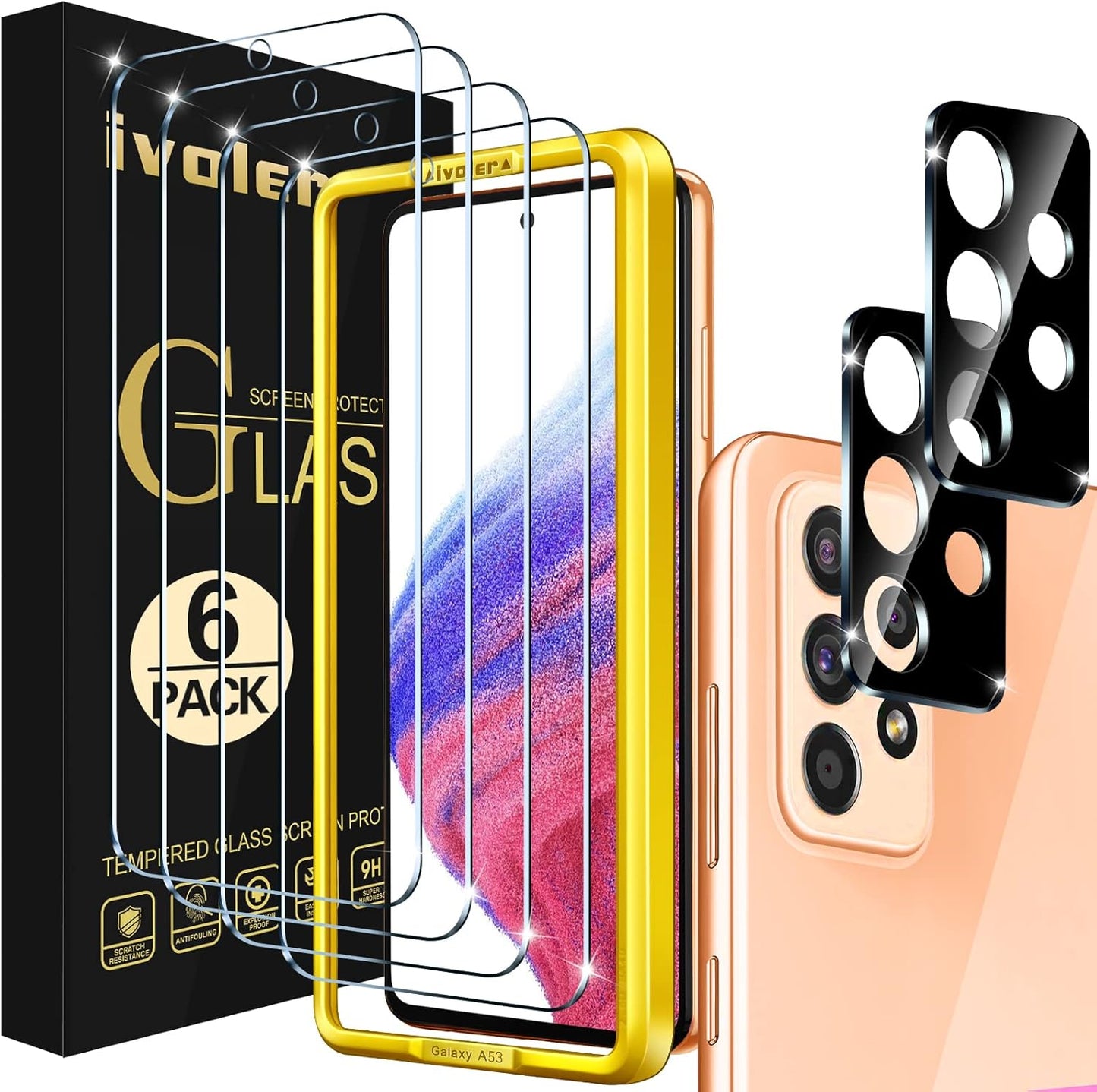 [4+2 Pack] Screen Protector for Samsung Galaxy A53 5G 6.5" 2022 [4 Pack] with [2 Pack] Camera Lens Protector Tempered Glass with [Alignment Frame] Transparent HD Clear Anti-Scratch, 6.5 Inch