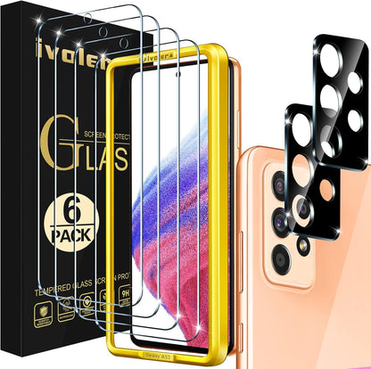 [4+2 Pack] Screen Protector for Samsung Galaxy A53 5G 6.5" 2022 [4 Pack] with [2 Pack] Camera Lens Protector Tempered Glass with [Alignment Frame] Transparent HD Clear Anti-Scratch, 6.5 Inch