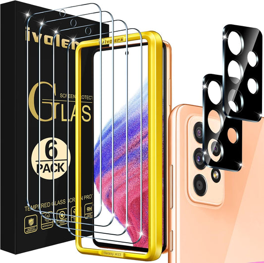 [4+2 Pack] Screen Protector for Samsung Galaxy A53 5G 6.5" 2022 [4 Pack] with [2 Pack] Camera Lens Protector Tempered Glass with [Alignment Frame] Transparent HD Clear Anti-Scratch, 6.5 Inch