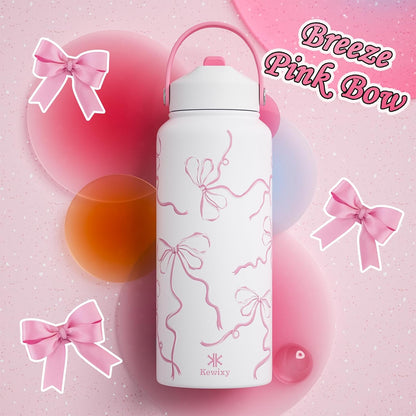 32 Oz Stainless Steel Insulated Water Bottle with Flip Straw and Handle, Leak-Proof, Reusable Wide Mouth Design for Travel, Gym, and School (Breeze Pink Bow)