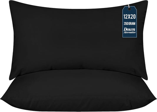 Throw Pillows (Pack of 2, Black), 12 X 20 Inches Indoor Decorative Pillow Insert for Sofa, Bed and Couch