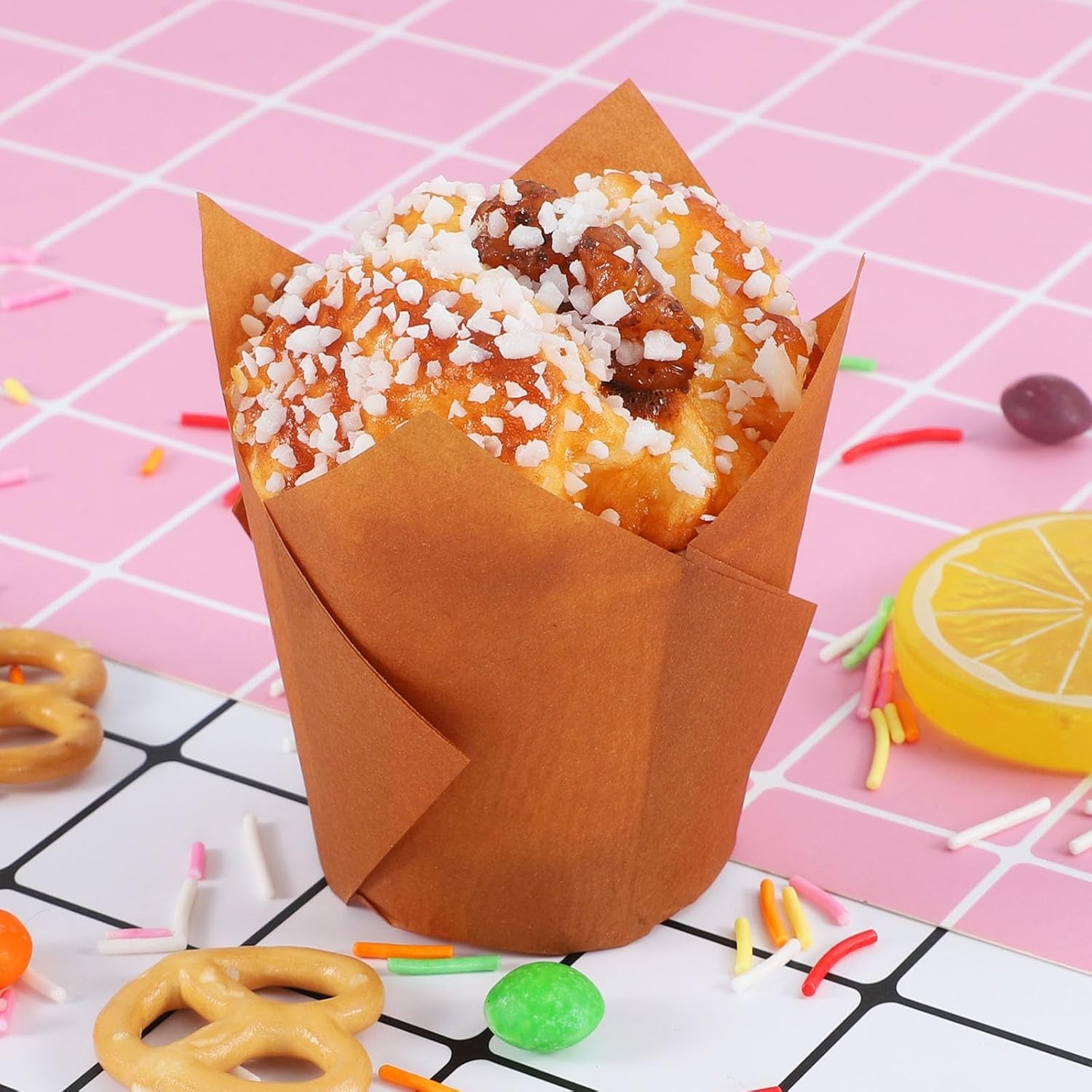 Standard Tulip Cupcake Liners - 120 Count Greaseproof Muffin Baking Cups for Weddings, Birthdays, Baby Showers, Festivals, and Christmas (Natural/White/Brown)