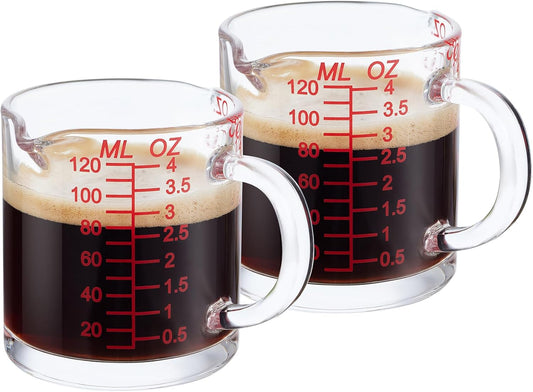 Shot Glass Measuring Cup 4 Ounce/120Ml Liquid Heavy High Espresso Glass Cup with Handle,Double Spouts(Pack of 2)