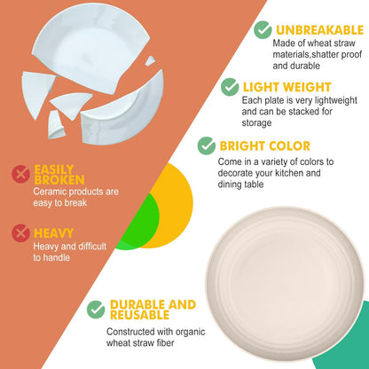 Set of 8 Unbreakable 9-Inch Wheat Straw Dinner Plates, Dishwasher and Microwave Safe, Modern Beige Design