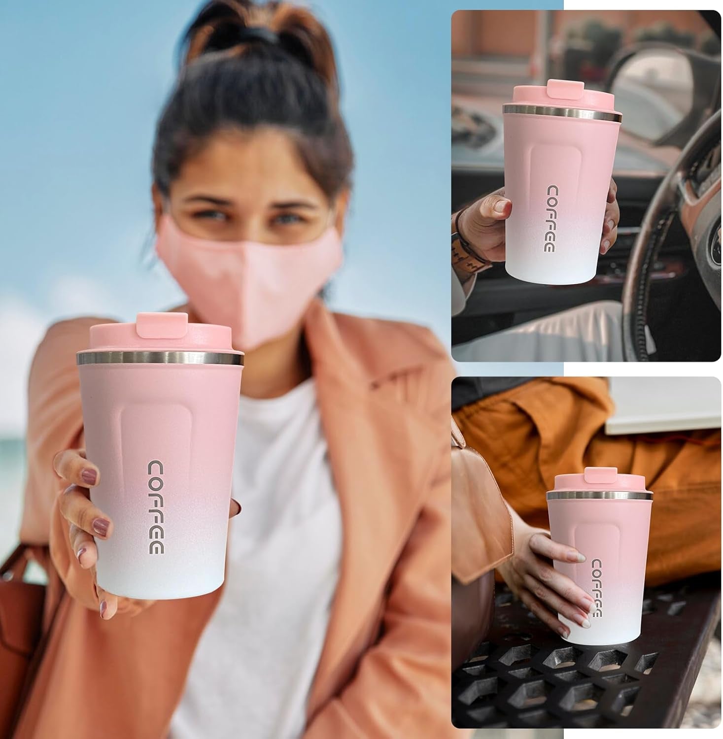 Insulated Travel Coffee Mug, Spill & Leak Proof, Portable to Go Camping Stainless Steel Coffee Tumbler, Reusable Thermal Coffee Cup with Lid for Hot & Cold Drinks (2Nd-Pink White, 12 OZ)