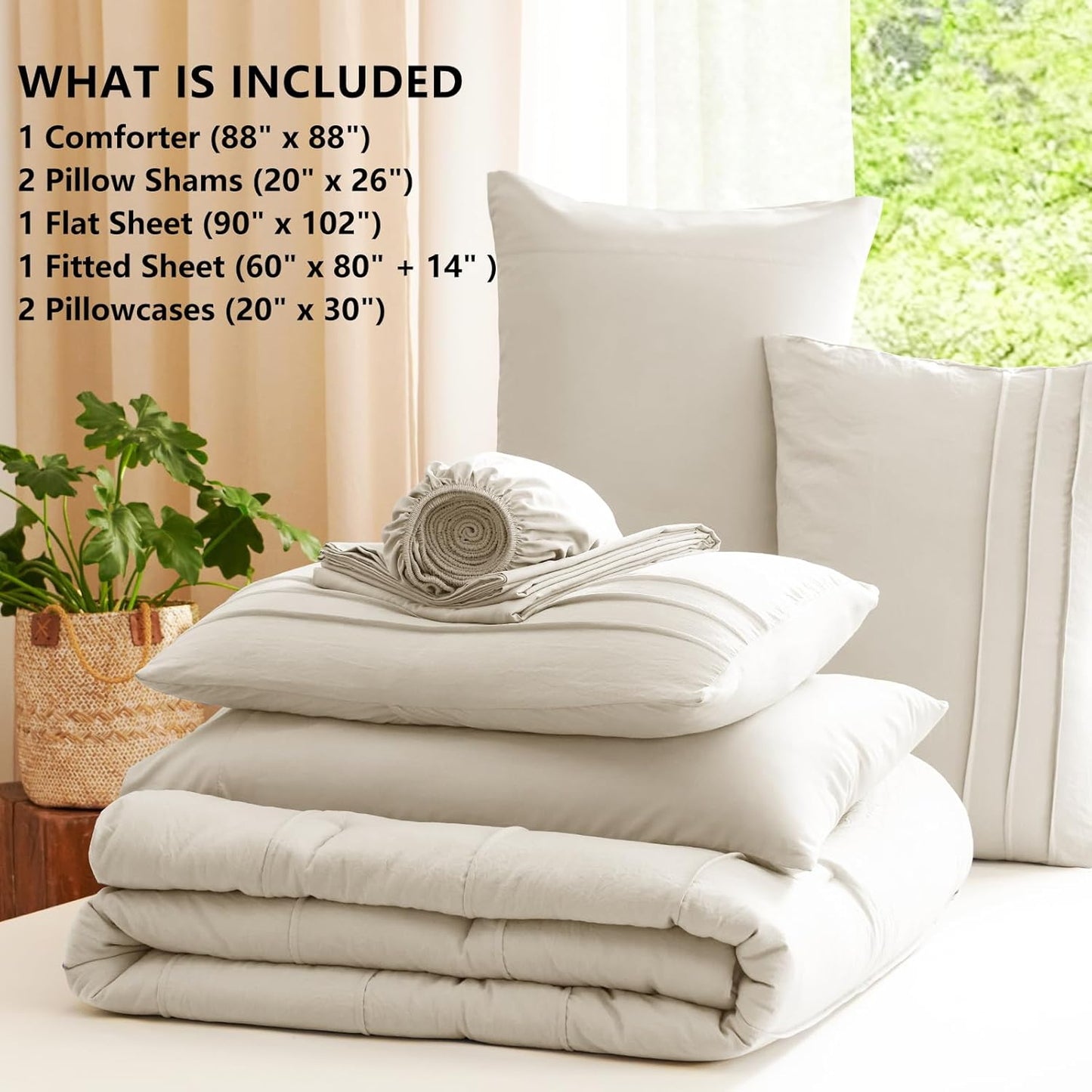 Queen Comforter Set Beige, 7 Pieces Soft Prewashed Pinch Pleat Bed in a Bag Queen Comforter Set with Sheets, Boho Bed Set with down Alternative Comforter, Sheets, Pillowcases & Shams