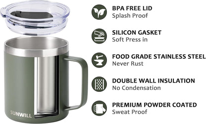 Travel Coffee Mug with Lid, Insulated Tumbler with Handle, 14 Oz Stainless Steel Cup for Home, Office, Camping, Powder Coated Camp Green