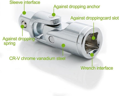 Universal Joint Set, Joint Adapter Ratchet Socket, Universal Sleeve Manual Tool Designed for All the Hexagonal Side Handle, 1/4-Inch, 3/8-Inch, 1/2-Inch Drive Set, 3-Piece, Chrome Vanadium Steel