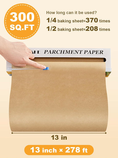 Parchment Paper Roll for Baking, 13 in X 278 Ft, 300 Sq.Ft, Non-Stick Baking Paper Sheets with Slide Cutter, Heavy Duty Extra Long, for Kitchen Baking Cooking Grilling Steaming, Unbleached