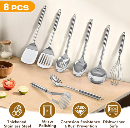 8 Pcs Cooking Utensils Set, Stainless Steel Kitchen Utensils, Heat Resistant Metal Kitchen Tools Include Solid & Slotted Spatula, Serving Spoon, Ladle, Pasta Server,Potato Maseher, Egg Whisk, Silver