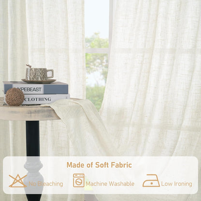 Linen Semi Sheer Curtains 63 Inch Length 2 Panels, Light Filtering Neutral Window Bedroom Curtains Farmhouse Boho Bronze Grommet Drapes for Kitchen/Living Room, Cream, 34 X 63 Inch