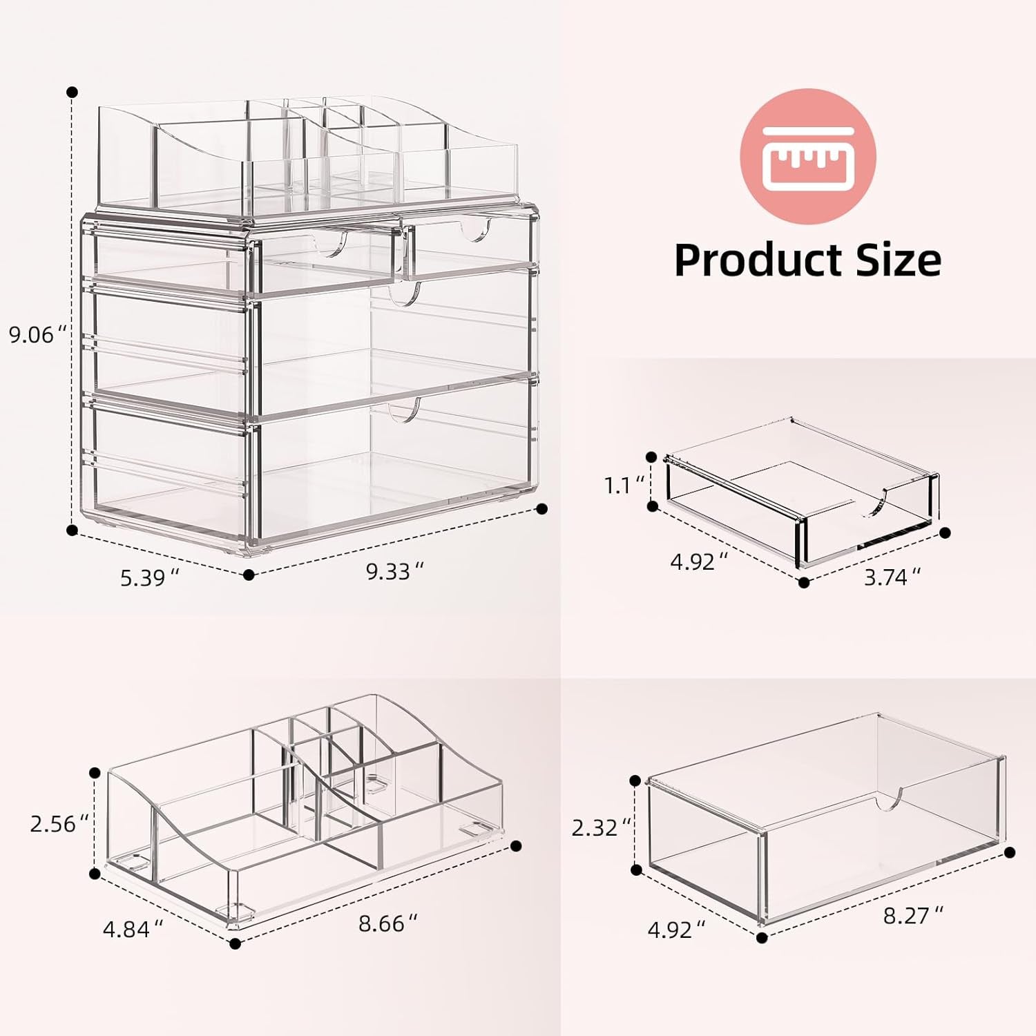 4-Tier Clear Makeup Organizer with Drawer - Stackable Acrylic Cosmetic Storage for Bathroom Vanity & Dresser Countertop, Make up & Jewelry Storage, Beauty Holder for Lipstick Brush Skincare