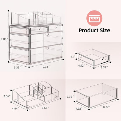 4-Tier Clear Makeup Organizer with Drawer - Stackable Acrylic Cosmetic Storage for Bathroom Vanity & Dresser Countertop, Make up & Jewelry Storage, Beauty Holder for Lipstick Brush Skincare