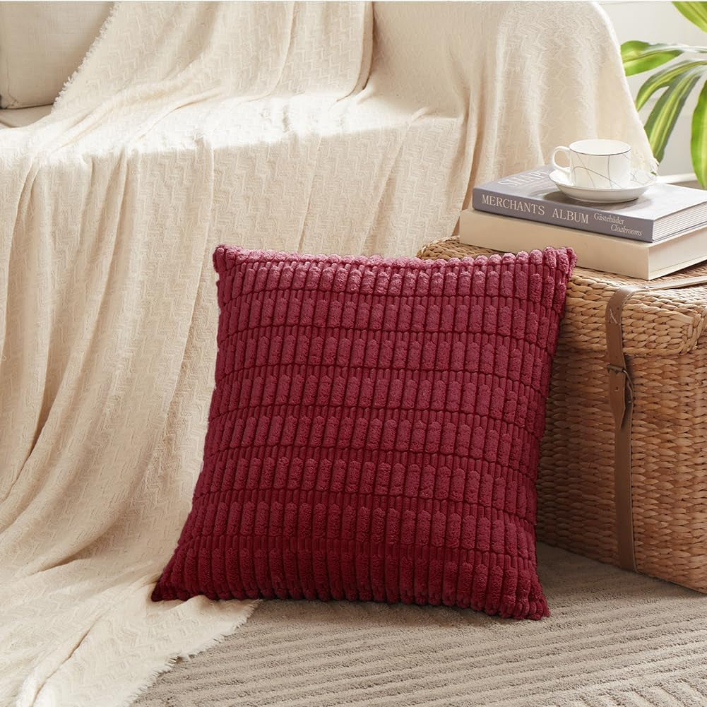 2 Packs Christmas Wine Red Decorative Throw Pillow Covers 18X18 Inch for Living Room Couch Bed Sofa, Modern Farmhouse Boho Home Decor, Soft Corduroy Burgundy Square Cushion Case 45X45 Cm