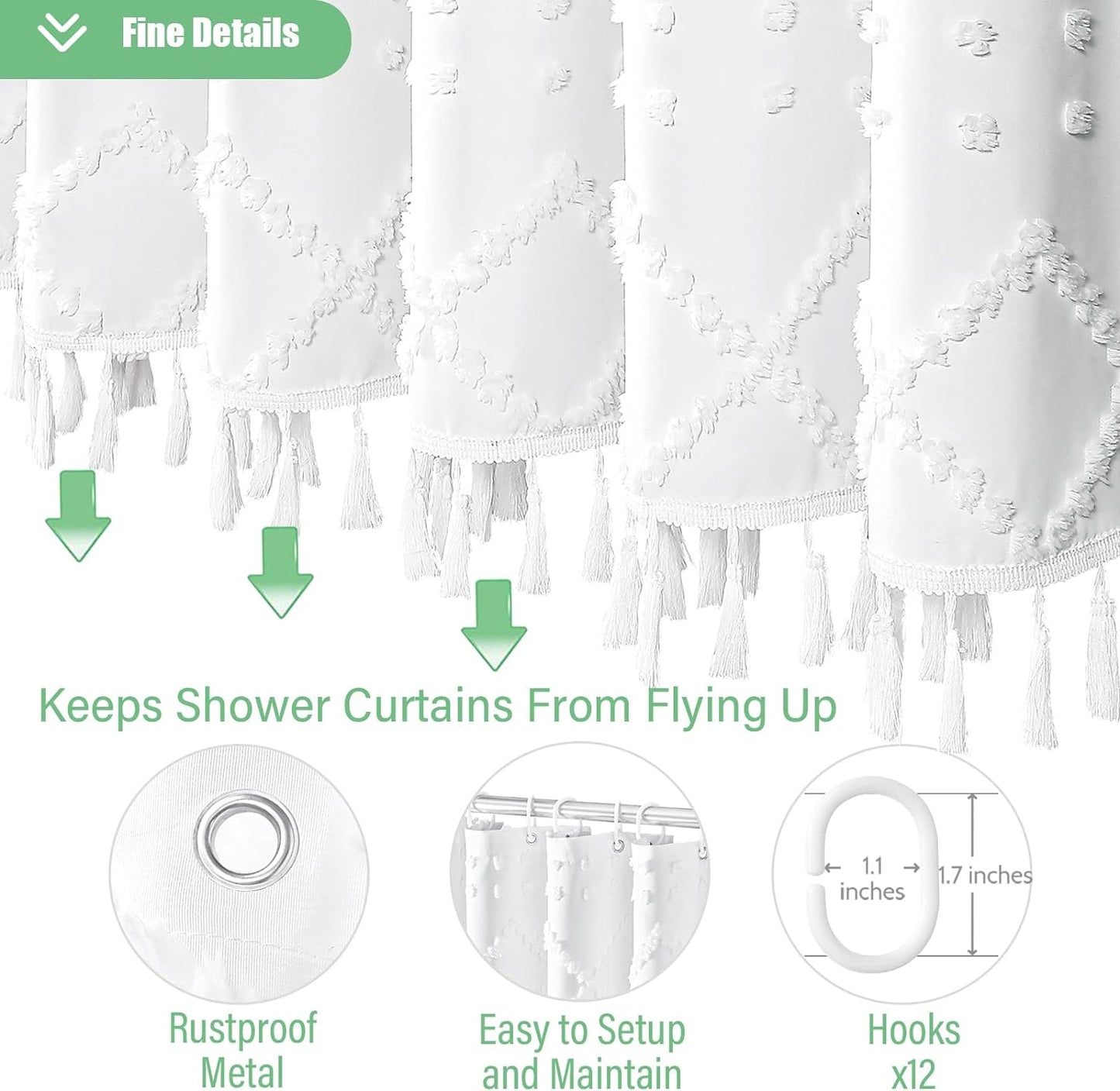 White Fabric Shower Curtain, Boho Tufted Geometric Striped Tassel Shower Curtain for Bathroom, Shabby Chic Textured Modern Farmhouse Waterproof Cloth Shower Curtain Set, Wrinkle Free, 72X72