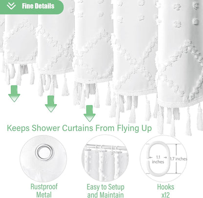 White Fabric Shower Curtain, Boho Tufted Geometric Striped Tassel Shower Curtain for Bathroom, Shabby Chic Textured Modern Farmhouse Waterproof Cloth Shower Curtain Set, Wrinkle Free, 72X72