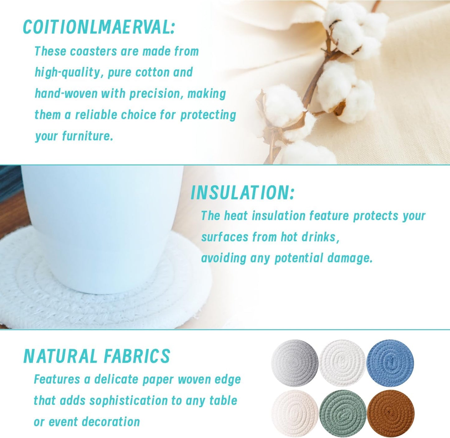 Coaster for Drink, Beer, Coffee, Cotton Coaster Set of 6 for Kinds Cups, Home Kitchen Table Decor Essentials Bar Accessories House Warming Gifts