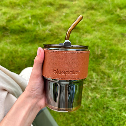 13Oz/400Ml Tumbler Water Glass, Cups with Straw and Lid Sealed Carry on for Coffee, Iced Tea, Thick Wall Insulated Glass Cup (Amberwith Protect Sleeve)