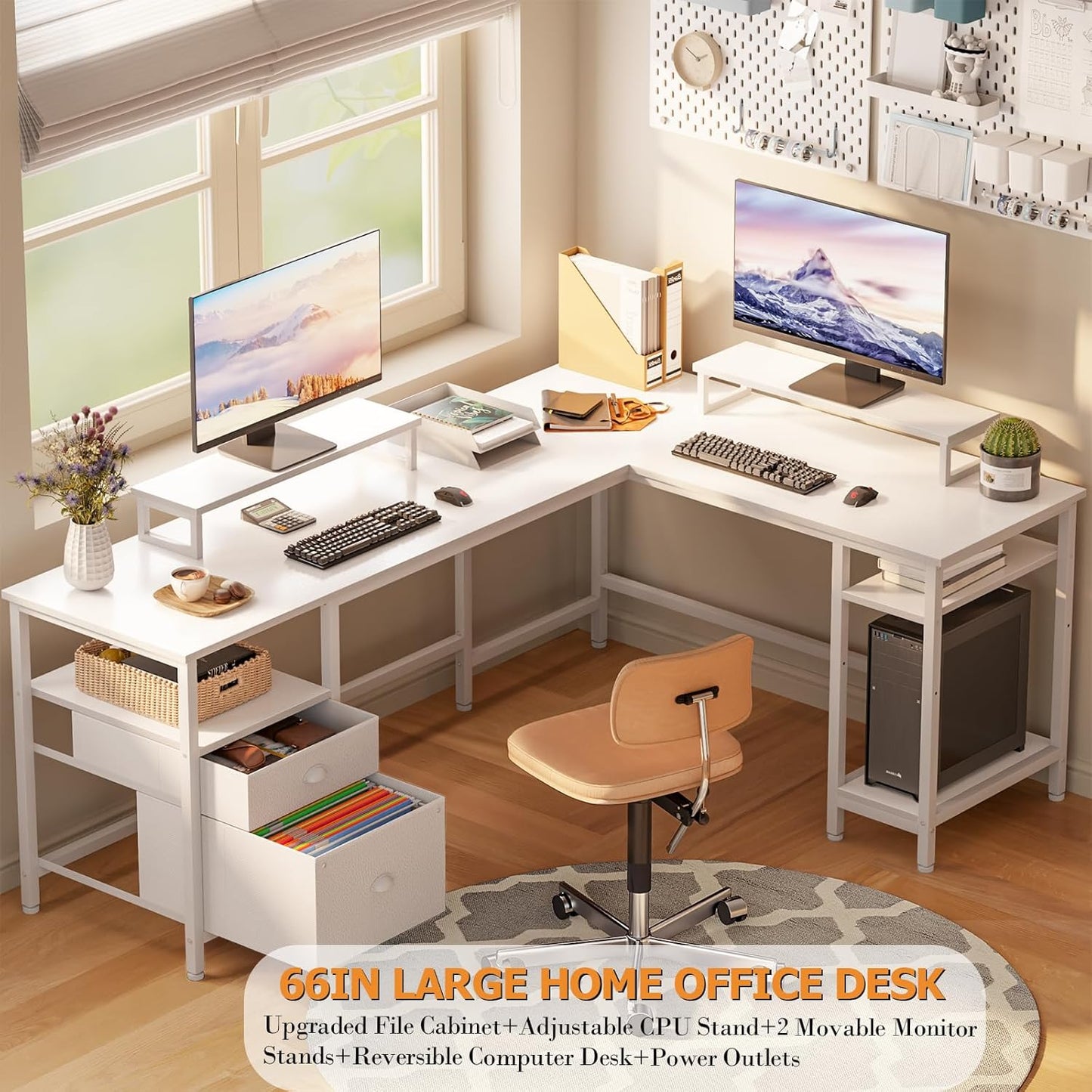 66” L Shaped Desk with Power Outlet, Reversible Computer Gaming Desk with File Drawer & 2 Monitor Stands for Home Office with Storage Shelves, White