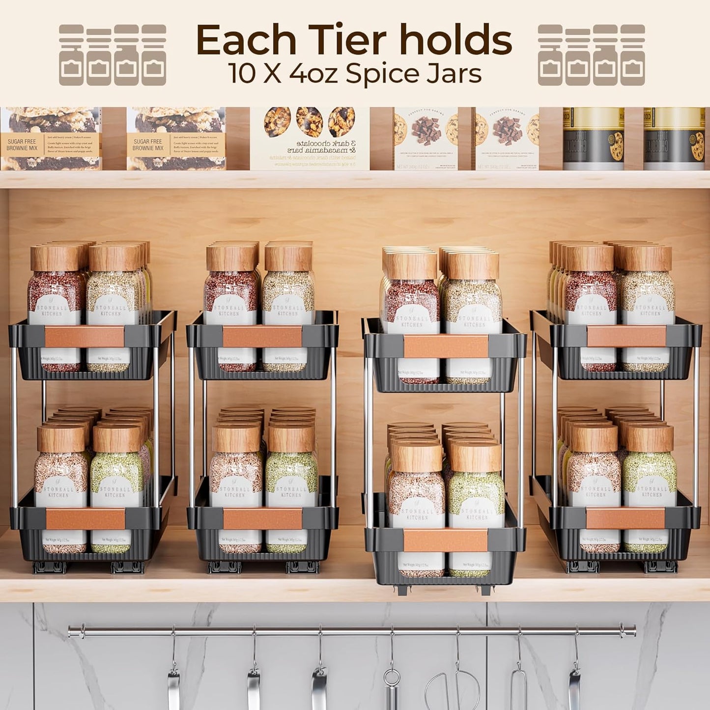 2 Pack Pull Out Spice Rack Organizer for Cabinet, 2 Tier Slide Out Spice Organization, Vertical Spice Organizer, Cabinet Size Need:12.5'' High X 11'' Deep X 5.5'' Wide(Not for Cabinet with Lip)