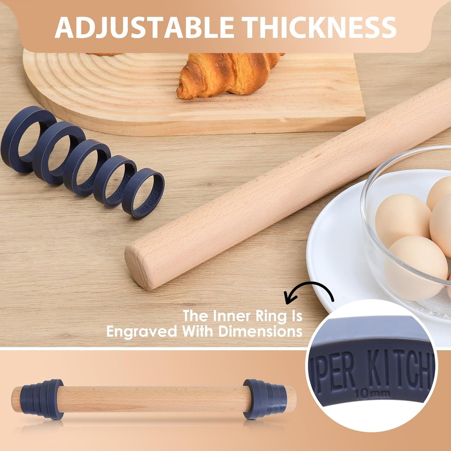 Adjustable Wood Rolling Pin with Thickness Rings for Baking -Non Stick Wooden Dough Roller Pin with Spacer Bands for Cookie,Pie Crust, Pastry Fondant and Bread by  (15.8, Grey)