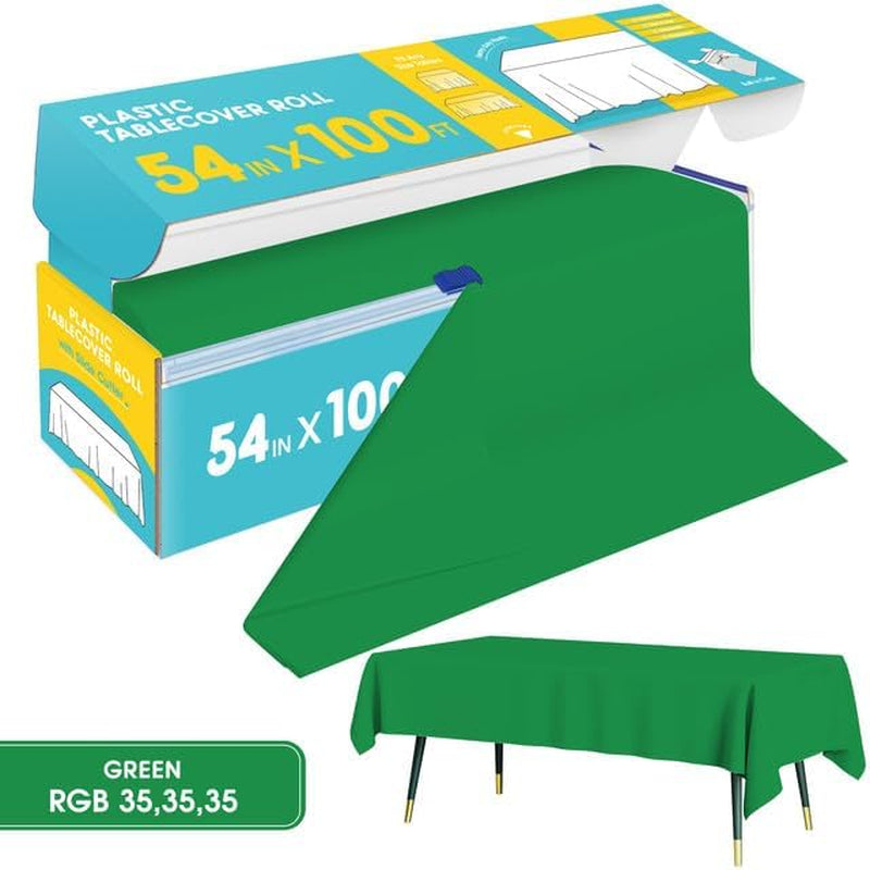 Green Plastic Table Cover Roll - 54IN X 100FT, Table Cloth for Rectangle Table with Slide Cutter, Plastic Table Cloth Disposable with Cut-To-Size Design for Weddings, Banquets, Parties
